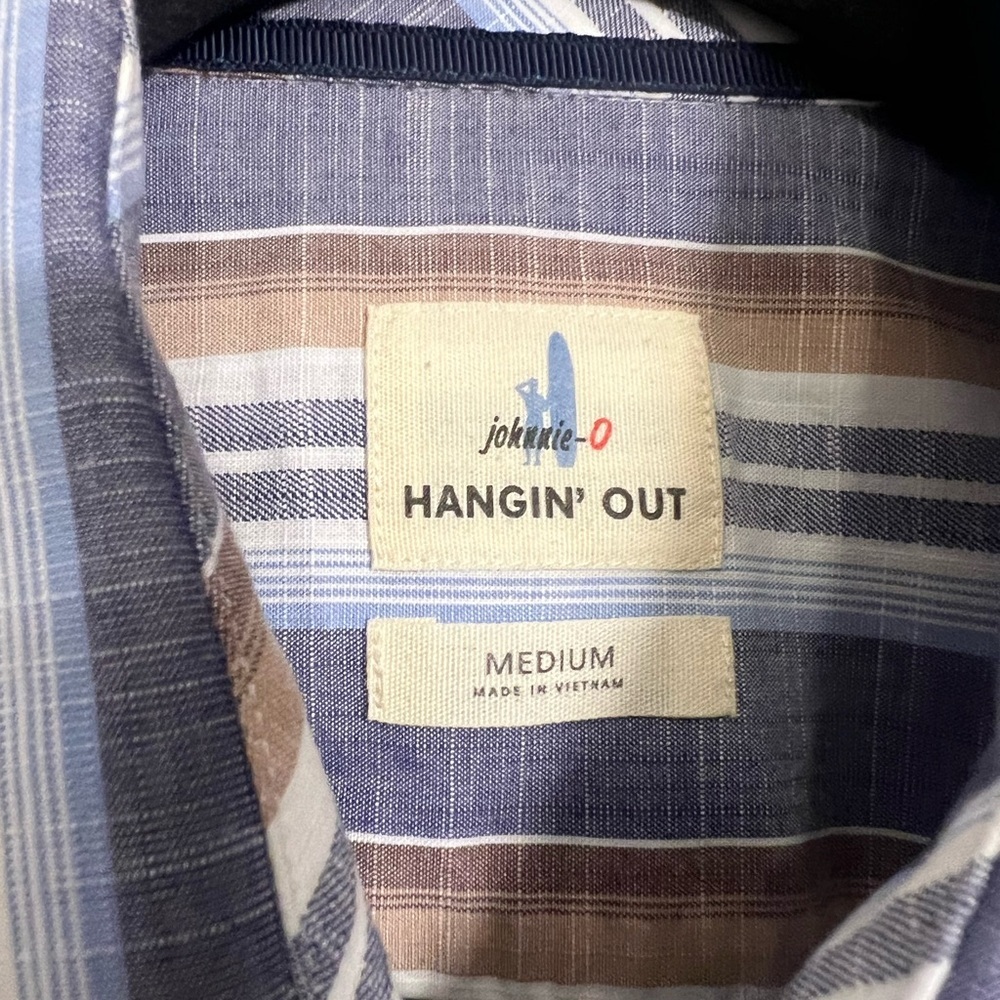 johnnie-O Hangin' Out Shirt Men's Blue Brown White Stripe Short Sleeve M - Picture 2 of 6